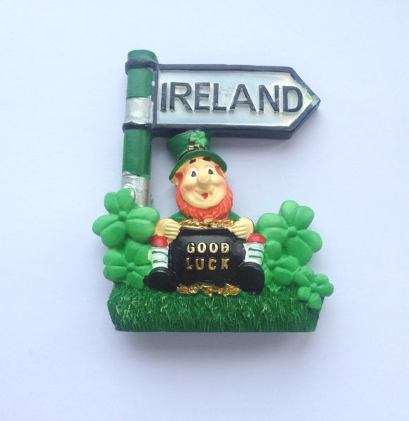 IRELAND SIGNPOST WITH LEPRECHAUN, SHAMROCKS & POT OF GOLD